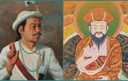 गोरखाका राजा राम शाह (बायाँ) र भुटानका धर्मराजा ङवाङ नमग्यालको चित्र।